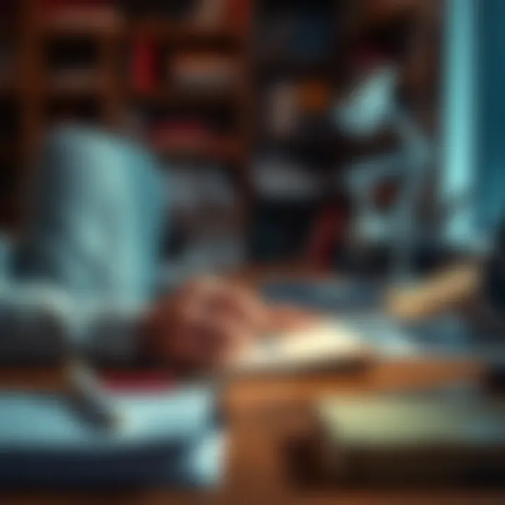 A person sitting at a desk, focused on writing in a notebook with a pen, surrounded by books and a laptop