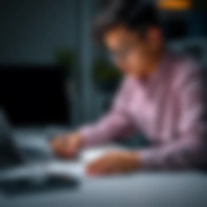 A person sitting at a desk, writing notes in a notebook while looking at a laptop, focused on learning new skills.