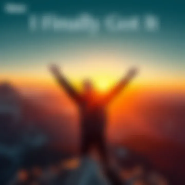 A person smiling with arms raised in victory, standing on a mountain peak during sunset, symbolizing personal triumph and growth