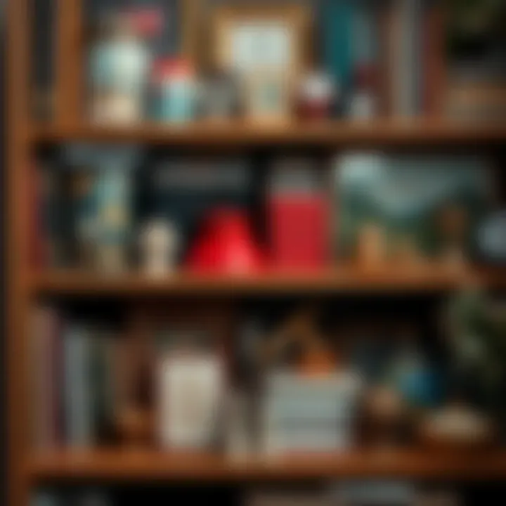 A close-up of a personal collection showcasing various items like books, art pieces, and memorabilia on a shelf, reflecting individual choices and preferences.