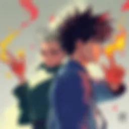 An illustration of two characters displaying unique cursed techniques, showcasing contrasting personality traits through their actions and expressions.