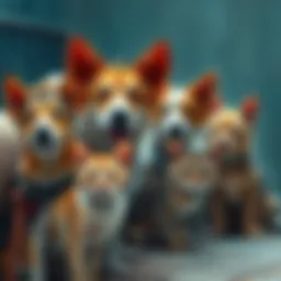 A group of dogs and cats looking hopeful in a shelter, waiting for someone to adopt them.