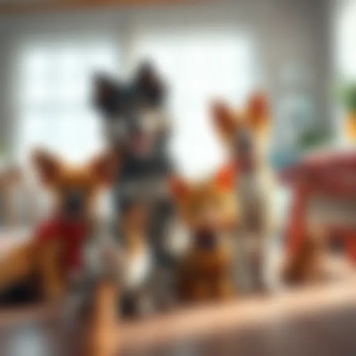 A collection of pets, including a dog and a cat, with names inspired by RWBY characters. The pets are playing together in a bright living room.