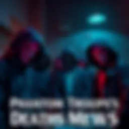 Members of the Phantom Troupe wearing masks and disguises, hiding their identities as they gather in a dimly lit room, planning their next move after a heist.
