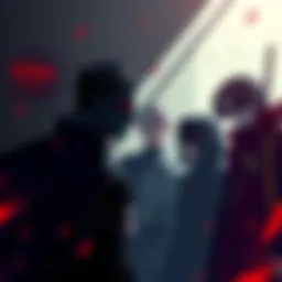 A group of Phantom Troupe members discussing their plan for revenge, with serious expressions and dark clothing, surrounded by shadows.