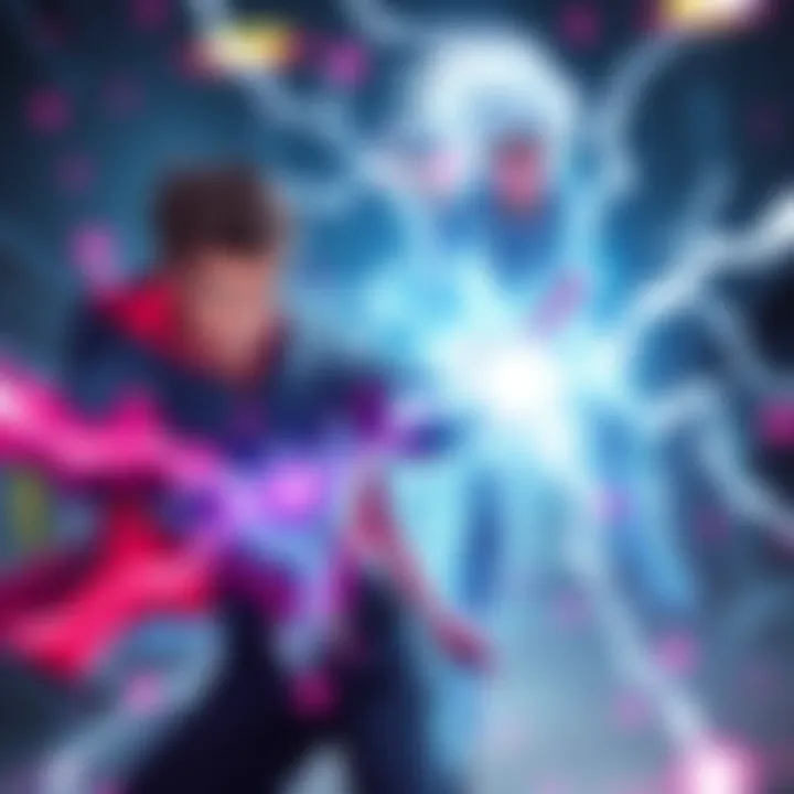 Phil, an Electric type character, is using his power while a Psychic type competitor appears in the background, showcasing their abilities in a dynamic scene.