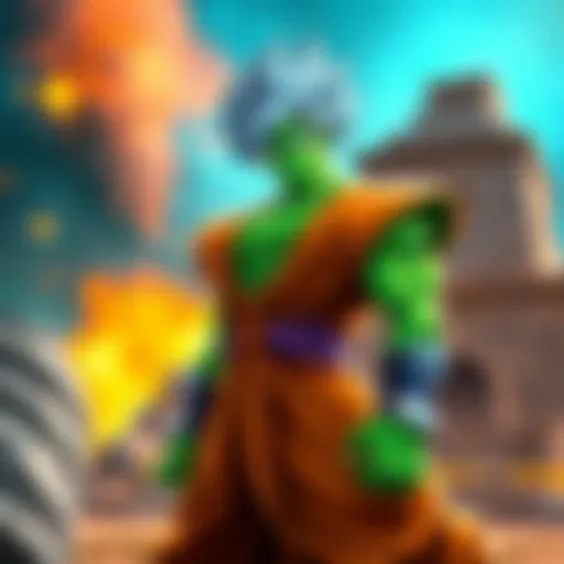 Piccolo standing ready for battle, showcasing his green skin and focused expression, with a background hinting at a dramatic fight scene.
