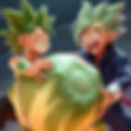 Piccolo and Krillin laughing while struggling with a large cabbage during a funny contest