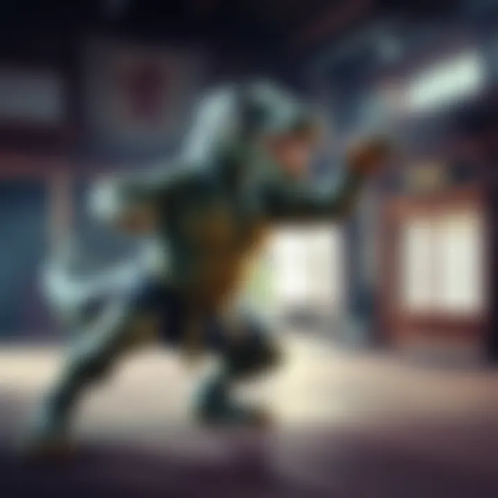A muscular dinosaur-like creature, Pickle, practicing martial arts techniques in a training dojo, showcasing focus and determination.
