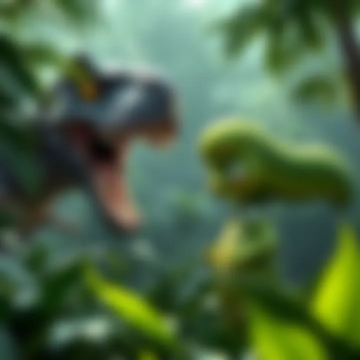 A cartoon character named Pickle stands bravely in a jungle, facing off against a ferocious dinosaur from Jurassic Park while looking determined.