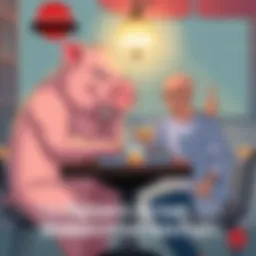 Pig God, a large hero with a pig-like appearance, sits at a table with Saitama, sharing a meal during an eating contest, showing camaraderie and kindness.