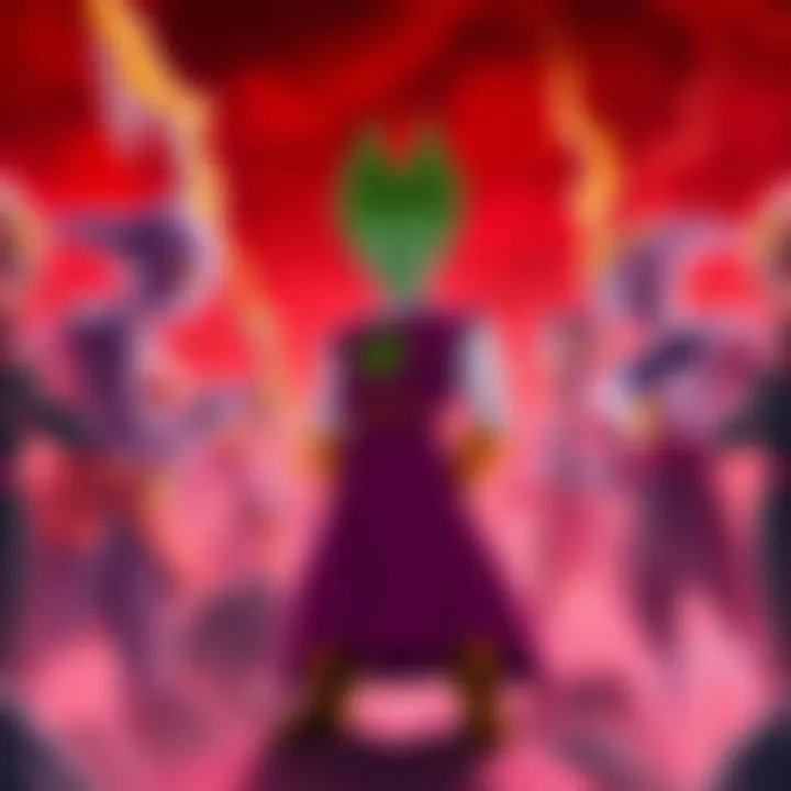 Pikkon standing in Hell with Frieza and other villains, showcasing his interactions during key moments of the series.