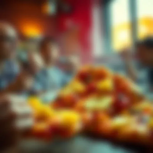 A close-up of a slice of pizza topped with pineapple and cheese, surrounded by people discussing their opinions passionately