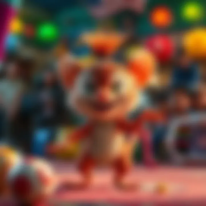 A whimsical character named Pingsti, a small creature with a cheeky grin, playing tricks in a colorful setting, surrounded by curious onlookers.