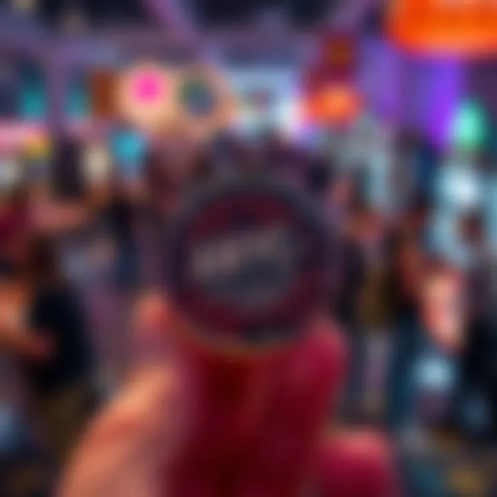 A close-up of the exclusive ANYC+ staff pin from Pinpalooza, showcasing its unique design and features, with people interacting and trading pins in the background.