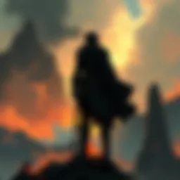 Pippin Took standing in a dark, chaotic landscape, representing his role in the Berserk story