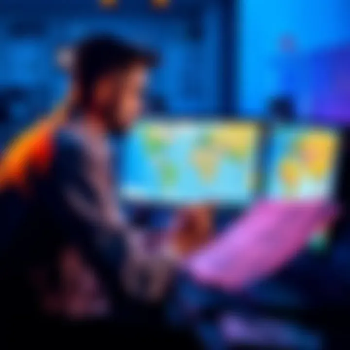 A person analyzing piracy reports on a computer, surrounded by nautical maps and documents.