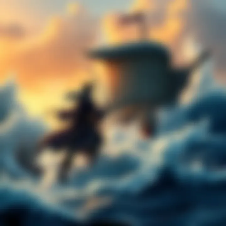 The legendary pirate king battles against a current yonko on a stormy sea, with ships clashing and waves crashing around them.