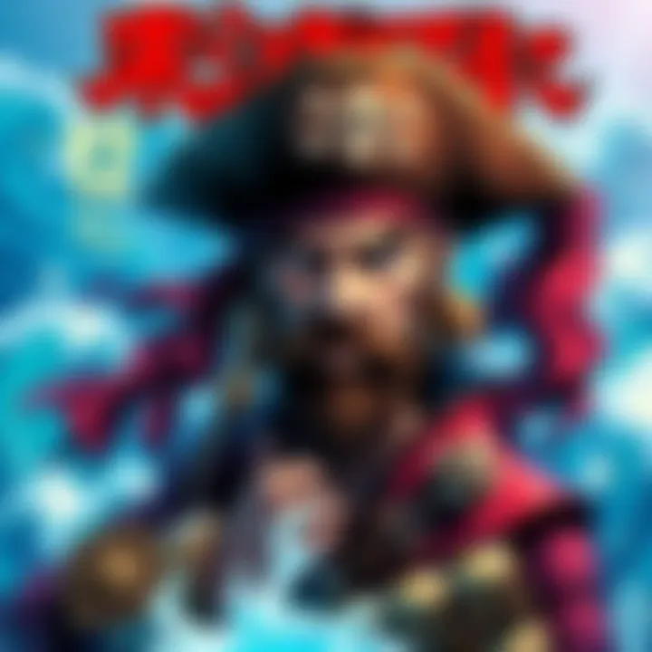 A colorful pirate manga cover featuring a pirate character with a unique design, surrounded by ocean elements and treasure, reflecting themes of adventure and character depth.