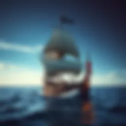 A pirate ship sailing on the open sea with billowing sails and a black flag, representing the adventurous spirit of piracy.