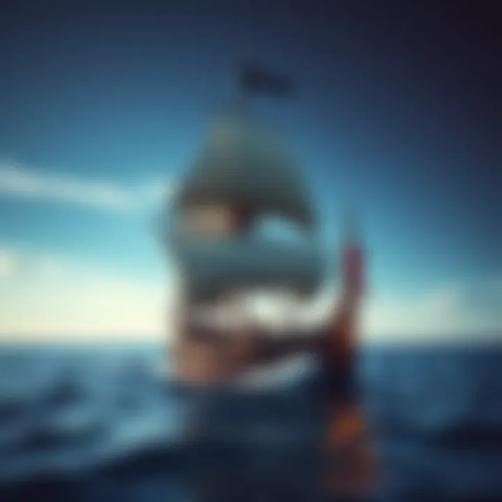 A pirate ship sailing on the open sea with billowing sails and a black flag, representing the adventurous spirit of piracy.