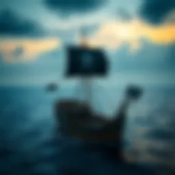 A classic pirate ship sails across the ocean with a black flag flying, evoking the spirit of adventure and piracy.