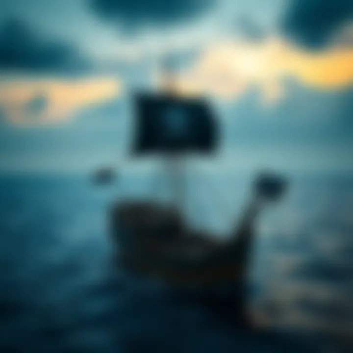 Pirate Ship on the Ocean A classic pirate ship sails across the ocean with a black flag flying, evoking the spirit of adventure and piracy.