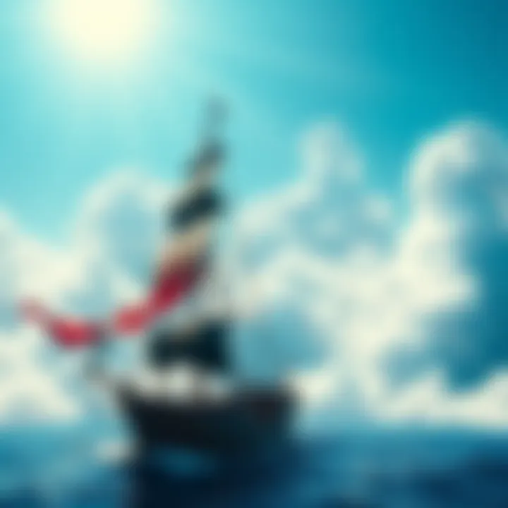 A pirate ship sails towards the Sky Islands, surrounded by clouds and bright blue sky, illustrating the rarity of reaching Skypiea.