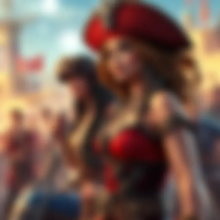 A vibrant scene of a pirate-themed contest showcasing 32 female contenders ready for battle, with fans cheering in the background.