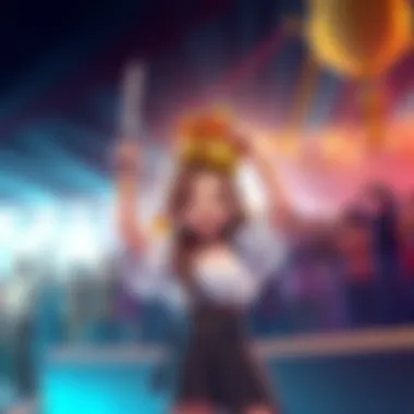 A cheerful character holding a crown, celebrating their victory in the Piratefolk contest, with fans cheering in the background.