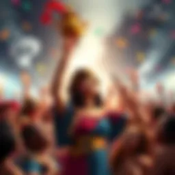 The champion of the Piratefolk's Best Girl Contest holds a trophy surrounded by participants celebrating.
