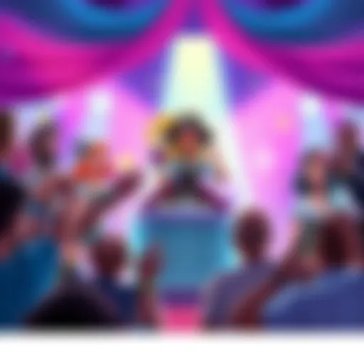 A colorful illustration showing characters from Piratefolk competing in a Best Girl Contest, with a festive atmosphere and cheering fans, celebrating their favorites.