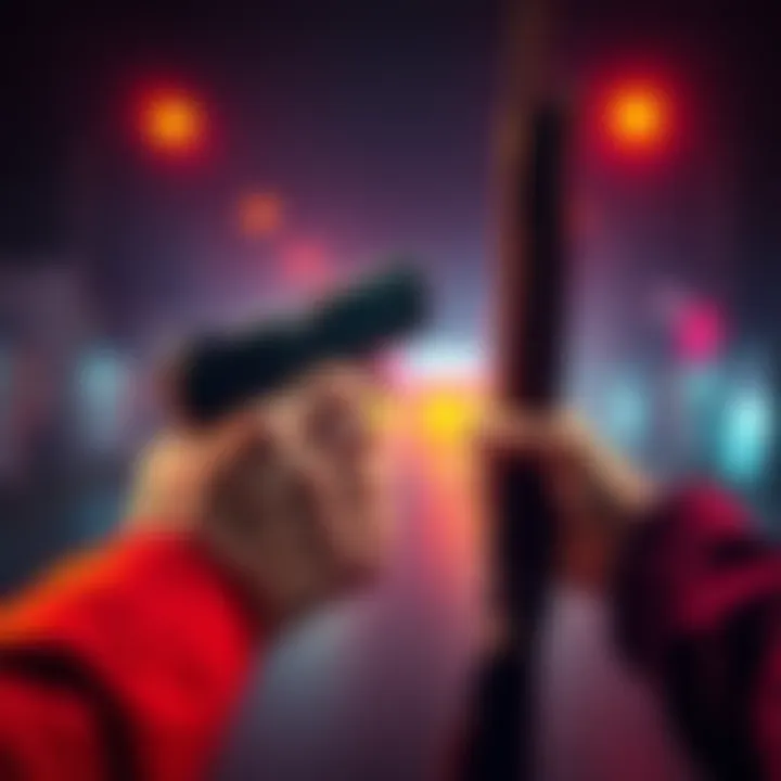 A tense standoff where a person grips a handgun while another person holds a rifle, depicting a confrontation scenario between firearms.