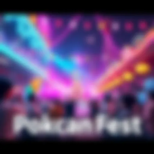 A lively carnival scene featuring colorful decorations and excited participants celebrating the Pity Coin Dokkan Fest.
