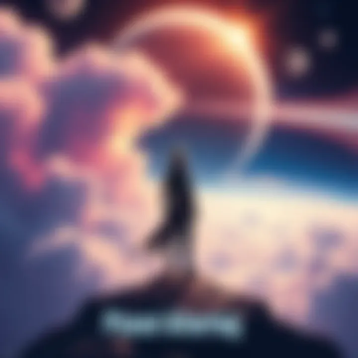 A character stands on a vibrant planet, surrounded by swirling clouds and changing landscapes while looking skyward, unable to fly into space.
