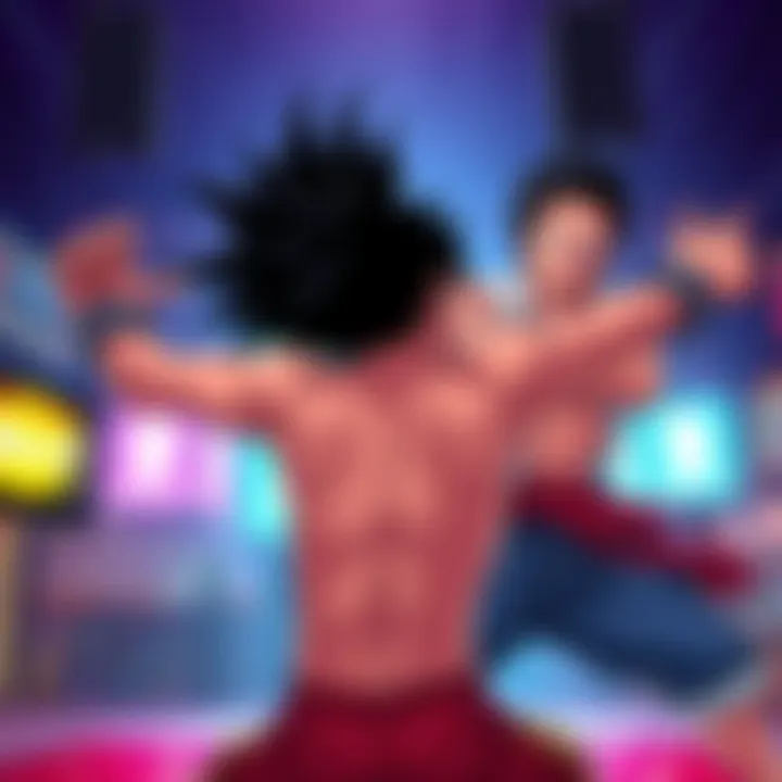 A digital illustration showing Plastic Man stretching his limbs against Gear 5 Luffy, who is in a battle-ready stance with an intense expression. The background features a vivid comic-style setting, h...