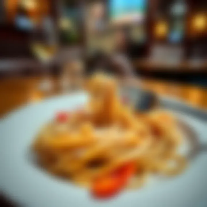 A traditional plate of pasta with a fork, served in an Italian restaurant setting.