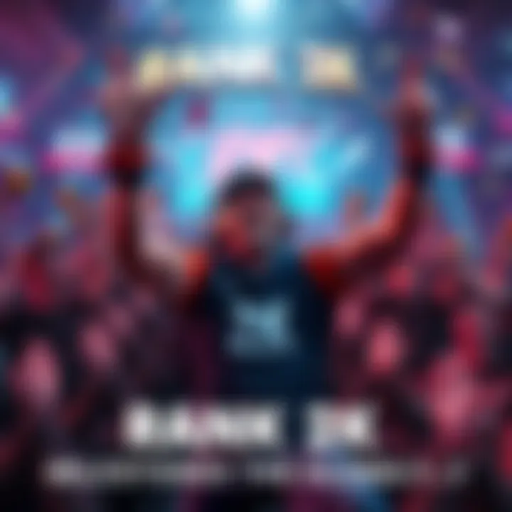 A top player celebrating their achievement of reaching rank 2k globally, surrounded by gaming trophies and a cheering crowd.