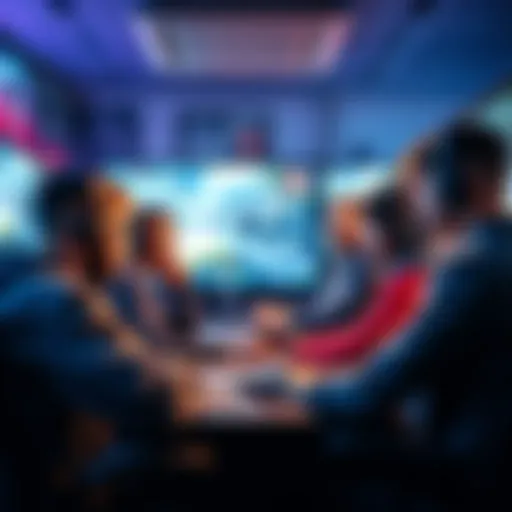 A group of players engaged in a gaming session, discussing their experiences and strategies, with screens showing gameplay in the background.