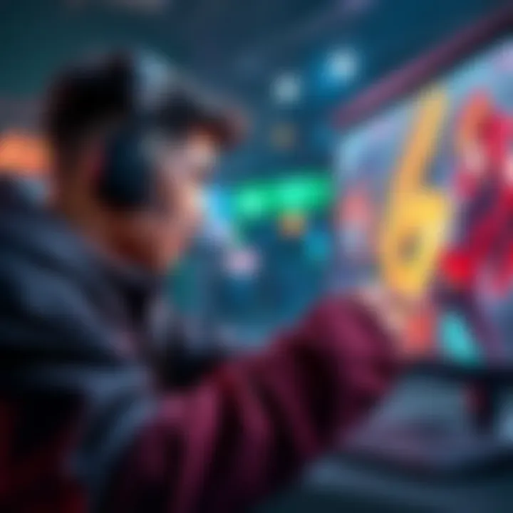 A gamer focusing on screen, timing parry moves in a fighting game, with colorful graphics around