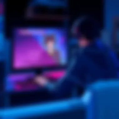 A player sits at a gaming desk, looking thoughtful while viewing the Yoruichi character banner on their screen, pondering their investment.