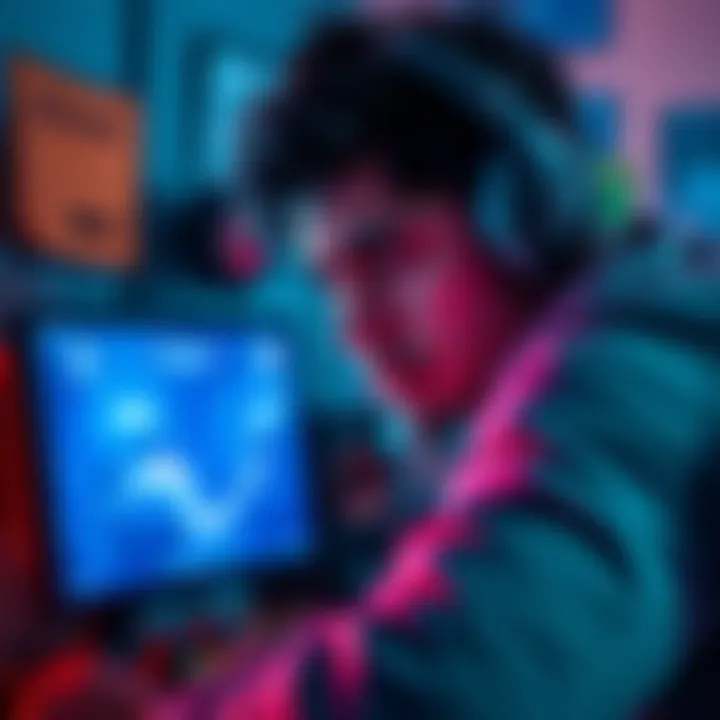 A gamer looking at their screen with frustration while uninstalling Storm 4, surrounded by gaming gear