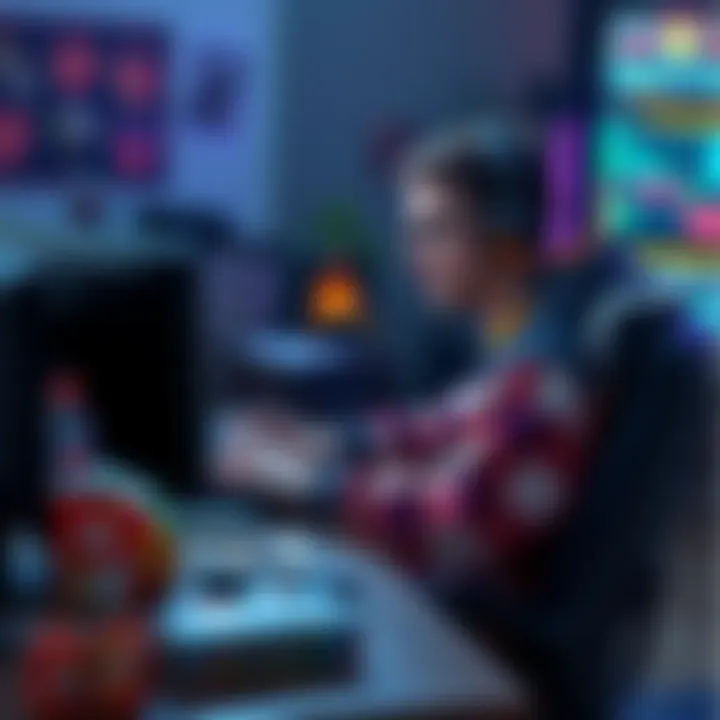 A player sits at a computer, focused on upgrading game units, surrounded by strategy guides and snack items, showing concentration on the task.