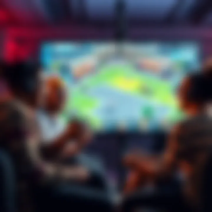 A group of friends sitting together, laughing and playing a popular video game on a large screen