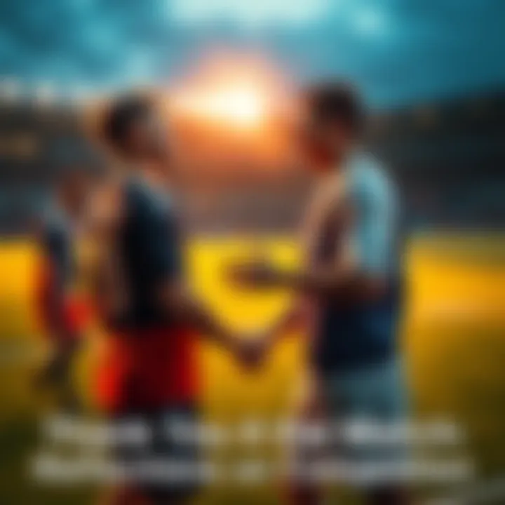 Two soccer players shaking hands on the field after a game, showing sportsmanship and respect.