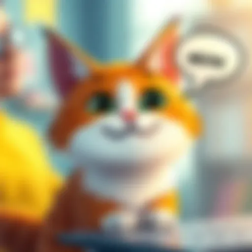 A cheerful cartoon cat with a speech bubble saying 'meow', engaging with people in comments on social media