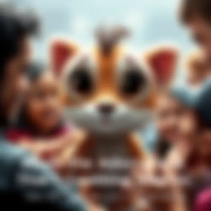 A cute creature with big eyes and a playful expression, surrounded by people smiling as they interact with it.
