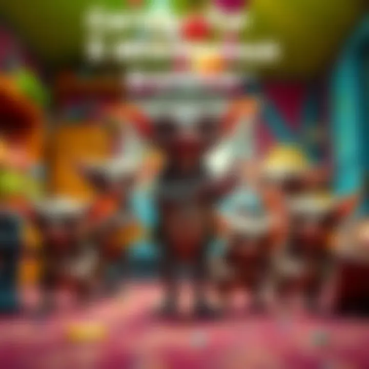 Five small gremlins with quirky features playfully interacting and causing chaos in a colorful room