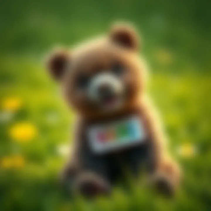 A cute pet bear wearing a colorful name tag, sitting playfully on the grass