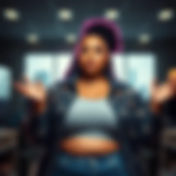 A plus-sized model with various emotes displayed, offering a unique opportunity for creative ownership.
